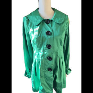 🧥💚I.N. San Francisco Women’s Coat Shiny Green 5 Button Sz L  Trench Style NWOT